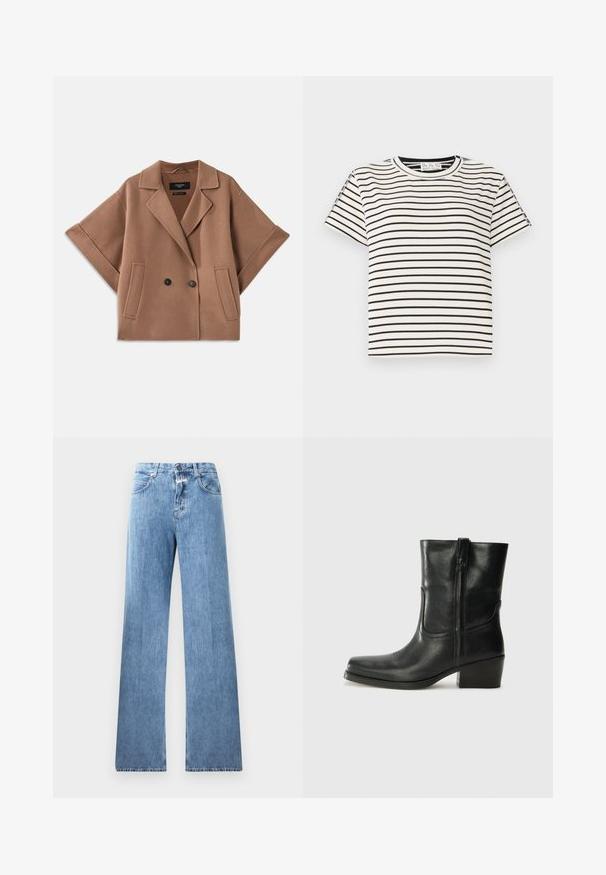 Cappotto doppiopetto in misto lana marrone con maniche ampie, colletto a risvolto e due tasche anteriori. Texture liscia e design sartoriale.; T-shirt in cotone a maniche corte con scollo rotondo, caratterizzato da strisce verticali nere su sfondo bianco e un design a taglio dritto.; Jeans in denim blu chiaro con un design a gamba larga, cinque tasche, passanti per cintura e chiusura con bottone. Il tessuto ha una texture liscia.; Stivale ankle in pelle nera con punta arrotondata, tacco a blocco, cerniera laterale e dettagli in cucitura sulla tomaia. Texture liscia, design classico.