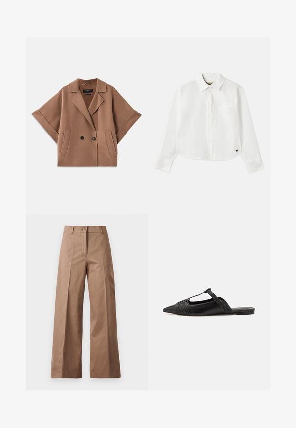 Kaksirivine pruun villasegu jope, millel on laiad varrukad, krae ja kaks esi-taskut. Sile tekstuur ja kohandatud disain.; Valge lühikesed varrukad puuvillane särk. Omab nööbiga esist, rinna taskut ning väikest musta logo all vasakul.; Pruunid lai jalgadega püksid, mis on valmistatud siledast kangast, esise nööbiga kinnitusega, kahte esist taskut ja puhtaid, vormitud jooni.; Must kuulsad nahast kandadega kingad, millel on terav nina, koos kootud detaili ja volditud ülaosaga. Lame tald minimaalse riistvaraga.