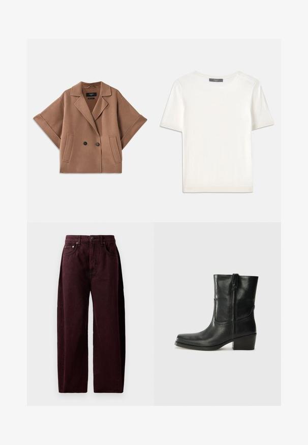 Cappotto doppiopetto in misto lana marrone con maniche ampie, colletto a risvolto e due tasche anteriori. Texture liscia e design sartoriale.; Top corto a maniche corte di colore bianco, in maglia, con scollatura rotonda. Presenta una texture liscia e accenti a coste sottili sulle maniche e sull'orlo.; Jeans a gamba larga borgogna in denim di cotone, con vita alta, tasche frontali e cuciture visibili. Design classico a cinque tasche.; Stivale ankle in pelle nera con punta arrotondata, tacco a blocco, cerniera laterale e dettagli in cucitura sulla tomaia. Texture liscia, design classico.