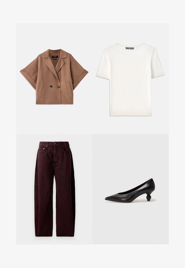Podwójnie zapięty brązowy płaszcz z mieszanki wełny z szerokimi rękawami, kołnierzem i dwiema przednimi kieszeniami. Gładka tekstura i dopasowany krój.; Biała krótki rękaw dzianinowa bluzka z okrągłym dekoltem, charakteryzująca się gładką teksturą i subtelnymi prążkowanymi akcentami na rękawach oraz u dołu.; Bordowe dżinsy typu wide-leg z bawełnianego denimu, z wysokim stanem, przednimi kieszeniami i widocznym szwem. Klasyczny projekt pięciu kieszeni.; Czarna skórzana szpilka z ostrym czubkiem i okrągłym, kulistym obcasem. Gładka tekstura z eleganckim, minimalistycznym wzornictwem.