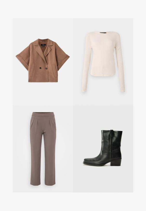 Palton din lână în amestec, de culoare maro, cu croială dublă, mâneci ample, guler tip rever și două buzunare frontale. Textură netedă și design personalizat.; Top cu mânecă lungă, de culoare bej deschis, cu decolteu rotund. Realizat dintr-un material moale, prezintă o cusătură centrală și un tiv ușor curbat. Fără elemente de prindere vizibile.; Pantaloni bej cu croi lejer, talie elastică și pliuri frontale, confecționați dintr-un material neted.; Botine din piele neagră, cu vârf rotund, toc pătrat, fermoar pe lateral și accente de cusături pe partea superioară. Textură netedă, design clasic.