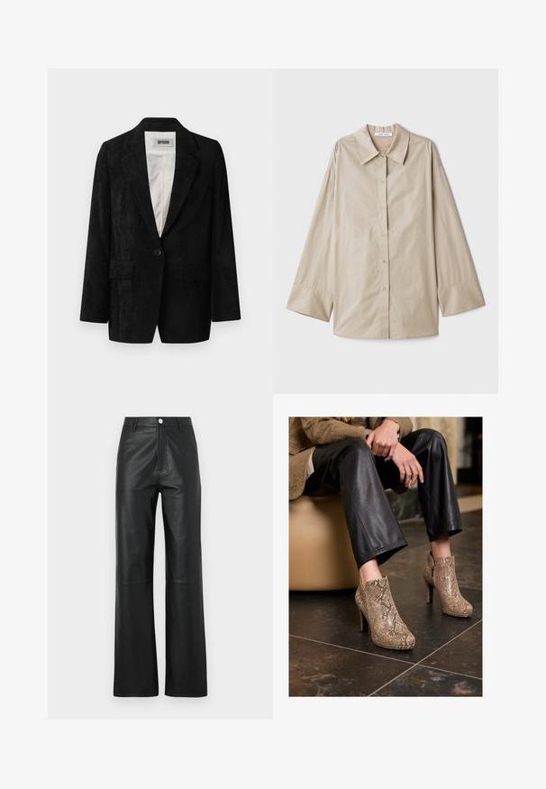 Black corduroy blazer with a single button closure, notch lapels, two front pockets, and a smooth inner lining. Textured fabric with vertical ribs.; Beige long-sleeve shirt with a large pointed collar, button front, and wide sleeve cuffs. Made from a smooth, lightweight fabric.; Black leather pants with a smooth texture, wide leg design, front button closure, and subtle stitching details.; Person wearing black leather pants and beige snakeskin-patterned high-heeled ankle boots, sitting on a beige seat indoors.