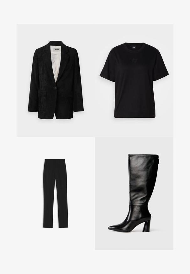Black corduroy blazer with a single button closure, notch lapels, two front pockets, and a smooth inner lining. Textured fabric with vertical ribs.; Black cotton t-shirt with a crew neckline, short sleeves, and an embroidered logo on the chest. Simple, relaxed fit with no patterns.; Black tailored trousers with a straight-leg design, featuring front pockets and a smooth, textured fabric. Neat, minimal detailing.; Knee-high black leather boot with a pointed toe, smooth texture, and a chunky heel. Features a zipper detail at the back.