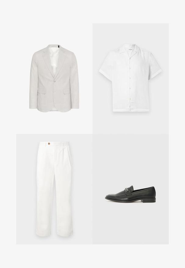 Heled hall linenist koosnev bleiser, millel on sissetoodud krae, kaks eesmist taskut ja kahe nööbiga kinni pandud, siledast voodrist.; Lühemate varrukatega valge linane särk, millel on krae ja viis heledat nööpi ees; sile tekstuur ja mugav lõige.; Valged puuvillased püksid sirge lõikega, millel on kaks esist kumerust, üks nööbiga kinnitamine ja küljetaskud. Sile tekstuur.; Must haveate nahkking punased, millel on sile viimistlus, tikitud muster ja dekoratiivne metallkett vampi üle. Tasane konts.