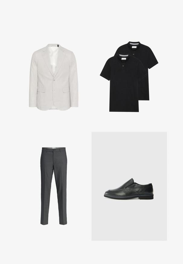 Heled hall linenist koosnev bleiser, millel on sissetoodud krae, kaks eesmist taskut ja kahe nööbiga kinni pandud, siledast voodrist.; Kaks musta polo särki, lühikeste varrukatega, puuvillane materjal, klassikalise kraega, kahe nupuga kinnitusega, valgete triipudega krae sisepinnal.; Hallid hallid püksid otse lõikega, valmistatud siledast kangast. Omab nupuväärist ja kahte esist taskut.; Must musta laia suuga king, millel on sile ülemine osa, õmmeldud detailid, ümmargune nina ja madal kummist konts. Tallal on minimaalne mustr.