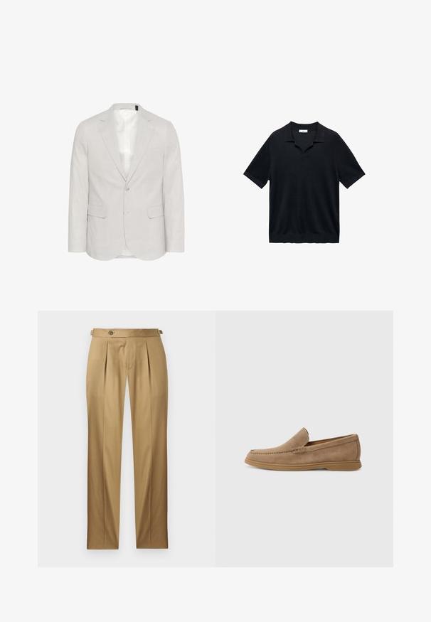 Svetlo siva blazer jakna iz mešanice lana, z zarezanimi reverji, dvema sprednjima žepoma in zapiranjem na dva gumba z gladko notranjo podlogo.; Črna polo majica s kratkimi rokavi, ki ima V-izrez, ravni ovratnik in rebrasto teksturo. Material se zdi lahek in gladek.; Bež hlače s pravim krojem, z naborki, zapiranjem na gumb in zankami za pas. Gladek material s čistim, krojenim videzom.; Rjave semiš slip-on loafers z gladko teksturo in šivanim detajlom; vključujejo gumijast podplat za oprijem.