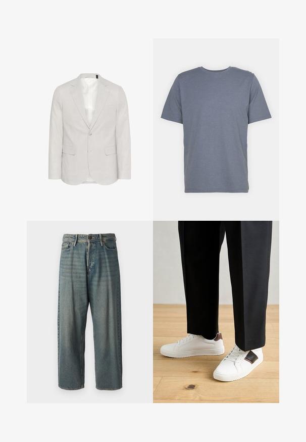 Šviesiai pilkas švarkas, pagamintas iš lino mišinio, su įpjovimu ant apykaklės, dviem priekinėm kišenėm ir dviejų mygtukų uždarymu, turintis sklandų pamušalą.; Pilkas trumpas rankovėmis marškinėliai su apvaliu kaklu, pagaminti iš švelnaus medvilnės mišinio. Paprastas dizainas, be raštų ar akcentų.; Šviesiai mėlyni džinsai su laisvu siluetu, vidutinio aukščio juosmeniu ir tiesiomis kojomis. Su penkiais kišenėmis, diržo kilpo ir mygtukų uždarymu.; Balti sportbačiai su glotnia danga, puošti rudais odiniais akcentais ir juodais detalėmis, derinami su juodais pritaikytais kelnėmis. Medinių grindų fonas.