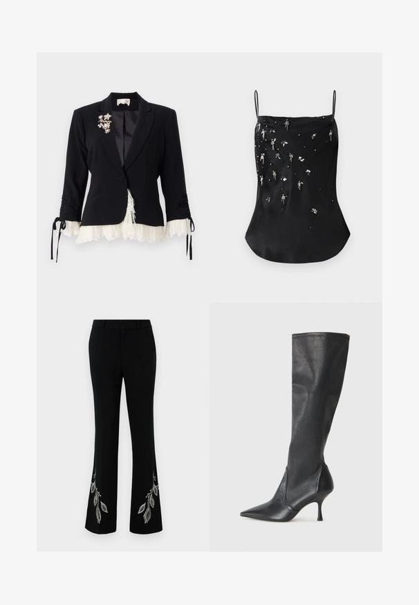 Cinq à Sept LE PETIT ROXIE - Blejzr - black/ivory; Černý saténový top s tenkými ramínky, zdobený náhodně umístěnými korálky a flitry v stříbrné a tmavé barvě, vytvářejícími strukturovaný vzor.; Černé nezapínací kalhoty s dekorativními stříbrnými listovými výšivkami na lemu. Vyznačují se hladkým materiálem, upraveným střihem a plochým předním designem.; Černé kožené vysoké boty do kolen s špičatou špičkou a štíhlým jehlovým podpatkem. Hladká textura s přiléhavým střihem a přešitím na horním okraji.