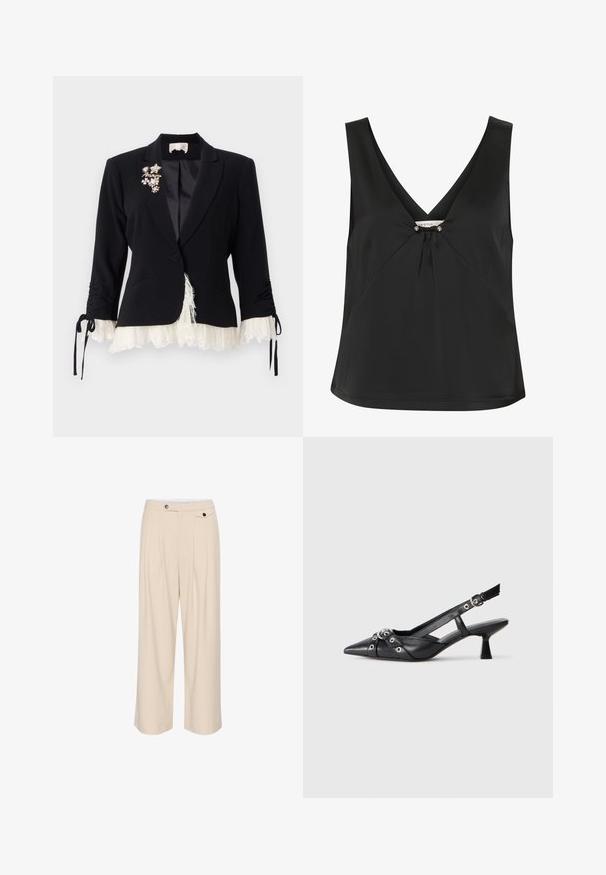 Cinq à Sept LE PETIT ROXIE - Suknjič - black/ivory; Črn brezrokavnik z V-izrezom, ki ima dekorativno vozlišče in srebrne poudarke na sredini, izdelan iz gladkega, elegantnega materiala.; Bež hlače širokih nogavic s ravnim sprednjim delom, dvema stranskima žepoma, gumbom za zapiranje in drapiranjem za dodatno teksturo in dizajn.; Črne usnjene sandale središnje zaponke z ostro konico, okrasnimi trakovi z kovinskimi očesi in nizko blokasto peto. Teksturirana površina.