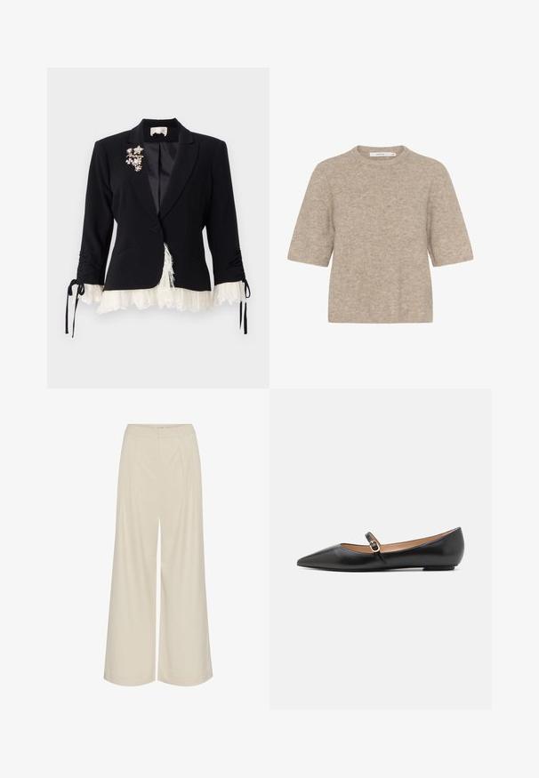 Cinq à Sept LE PETIT ROXIE - Bleizeris - black/ivory; Smėlinis trumpomis rankovėmis megztinis, pagamintas iš švelnaus mezginio, su apvalia iškirpte ir laisvu siluetu. Paviršius šiek tiek pūkuotas.; Platus kojų kelnes iš šviesiai smėlio spalvos audinio, su klostėmis, aukštu liemeniu ir lygia tekstūra, be matomų dekoro elementų.; Juodos odinės baleto bateliai su smailiu pirštu ir šoniniu dirželiu, papuoštu apvaliu auksiniu akcentu. Lengvi su plokščiu padu.