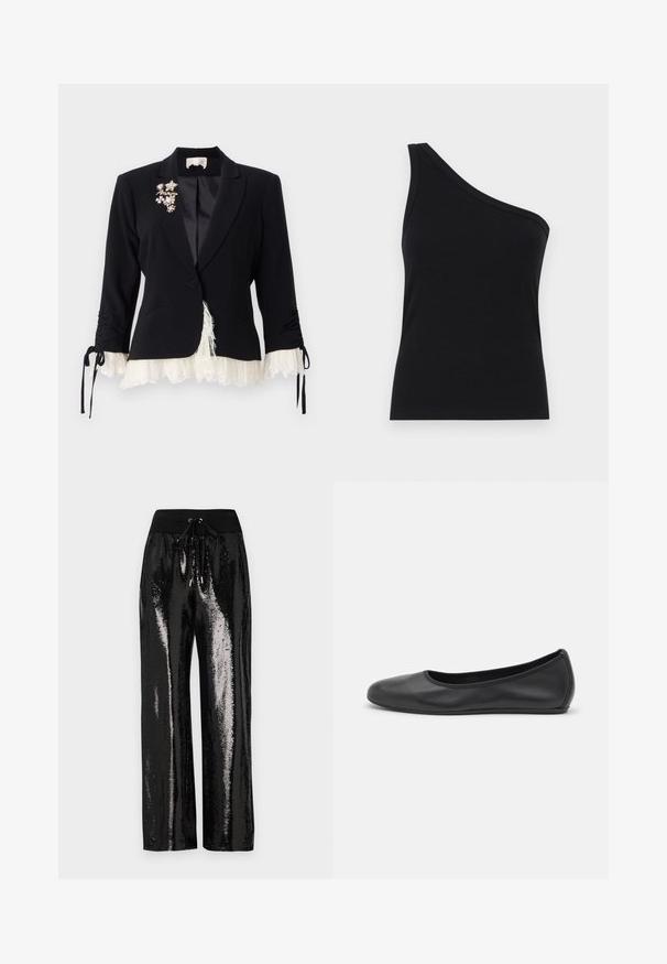 Cinq à Sept LE PETIT ROXIE - Suknjič - black/ivory; Črna rebrasta majica na enem ramenu s prilegajočim dizajnom in mehkobo. Ima čist, minimalen kroj in gladek izrez.; Črne bleščaste hlače s širokim krojem nogavic in elastičnim pasom, ki ima vrvico za zategovanje. Tkanina ima odsevno, sijočo teksturo.; Črne usnjene balerinke z zaobljenim nosom, gladko teksturo, minimalnimi šivi in fleksibilno zasnovo podplata.