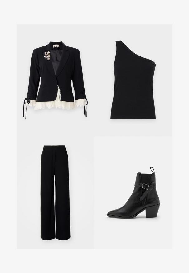 Cinq à Sept LE PETIT ROXIE - Suknjič - black/ivory; Črna rebrasta majica na enem ramenu s prilegajočim dizajnom in mehkobo. Ima čist, minimalen kroj in gladek izrez.; Črne hlače širokega kroja z visokim pasom, gladkega materiala, z sprednjim gumbom in brez vidnih žepov, ki imajo prilagojen kroj.; Črne usnjene gležnjače s koničastim nosom, blok peto in stransko zaponko. Imajo gladko teksturo in zanko na zadnji strani.