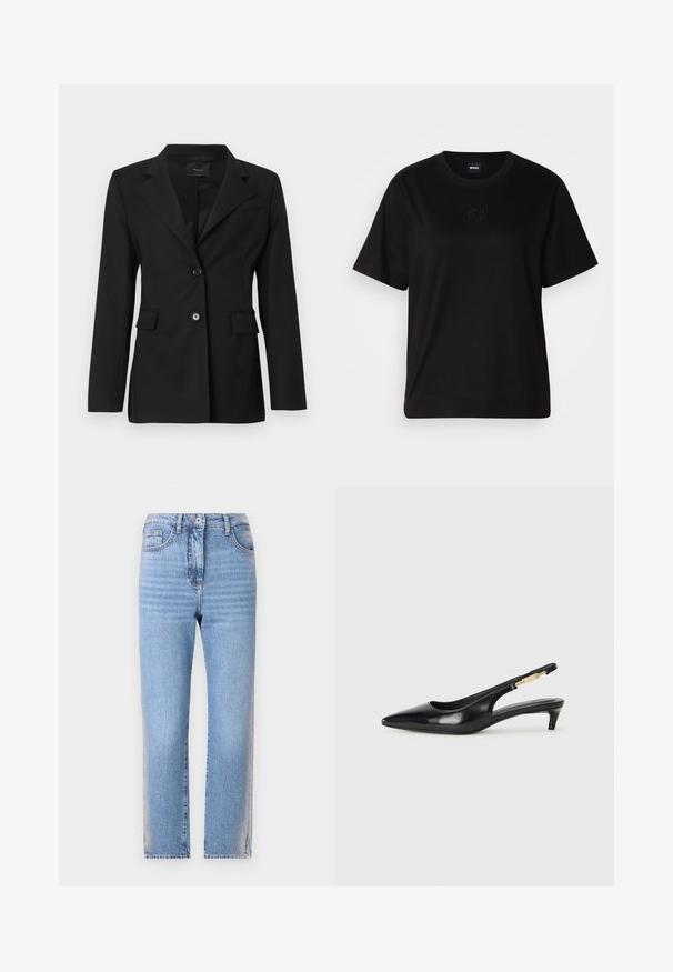 Črn krojen blazer z zareznim ovratnikom, dvema sprednjima žepoma in z enim gumbom za zapiranje. Narejen iz gladkega blaga z strukturirano postavo.; Črna bombažna majica s krožnim izrezom, kratkimi rokavi in izvezenim logotipom na prsih. Preprosta, sproščena silhueta brez vzorcev.; Svetlo modri kavbojki z ravnim krojem, z gumbom in zadrgo, petimi žepi ter zbledelim izgledom na nogah.; Črne usnjene sandale na peto z ostro konico, ki imajo tanko peto in zlat ton na nastavljivem traku. Gladka tekstura.
