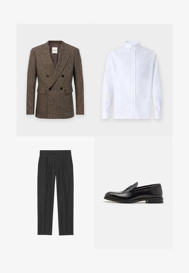 Blazer doppiopetto in tweed marrone con bottoni neri e tasche a pattina, fit su misura e colletto a rever.; Camicia bianca a maniche lunghe con bottoni, realizzata in cotone, caratterizzata da una tasca sul petto con ricamo tonale, colletto e polsini con bottoni.; Pantaloni neri plissettati realizzati in un tessuto liscio; presentano una vita con passanti per cintura e un taglio dritto. Design minimalista senza motivi.; Mocassini neri in pelle con una texture liscia, punta arrotondata e una striscia decorativa sulla tomaia. Tacco basso impilato, design minimalista.