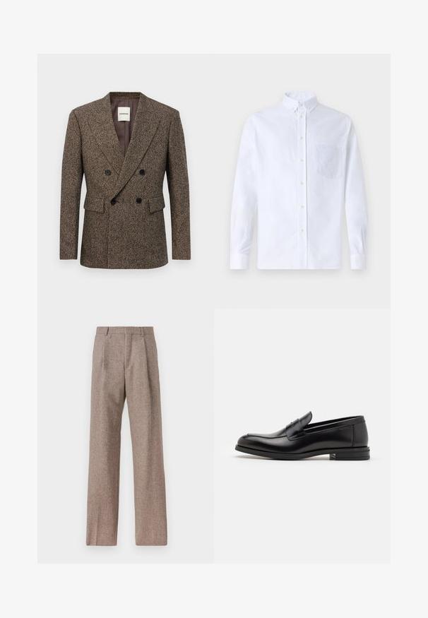 Blazer dublu cu nasturi maro din tweed cu nasturi negri și buzunare cu clapete, croi ajustat și guler cu cioc.; Cămașă albă cu mânecă lungă, din bumbac, prevăzută cu un buzunar pe piept cu broderie tonală, guler și manșete cu buton.; Pantaloni bej, cu talie înaltă, dintr-un material texturat. Prezintă picioare late și două pliseuri frontale pentru structură. Finisaj îngrijit, fără accesorii vizibile.; Mocasini din piele neagră cu o textură netedă, vârf rotund și o curea decorativă peste partea superioară. Toc mic, design minimalist.