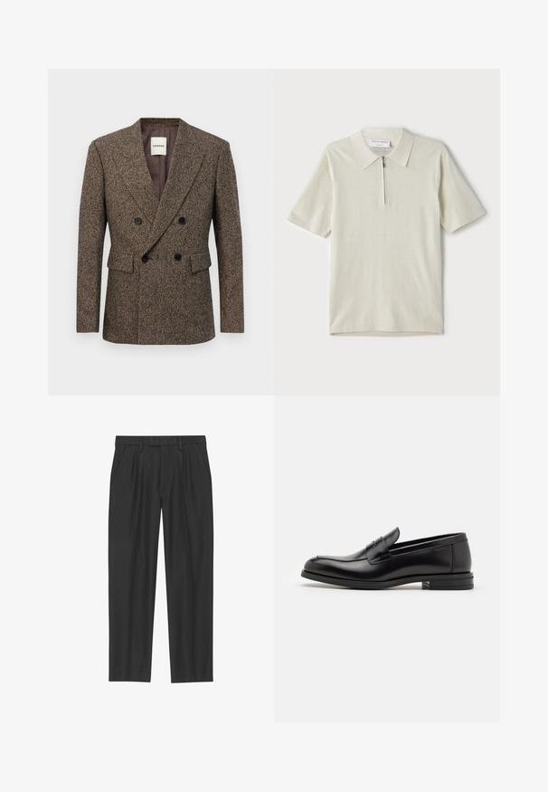 Double-breasted brown tweed blazer with black buttons and flap pockets, tailored fit, and a notch lapel collar.; Short-sleeve polo shirt in light beige with a zippered collar. Made of smooth fabric, features a simple, modern design without patterns.; Black pleated trousers made from a smooth fabric; features a waistband with belt loops and a straight-leg cut. Minimalist design with no patterns.; Black leather loafers with a smooth texture, rounded toe, and a decorative strap across the vamp. Low stacked heel, minimalist design.