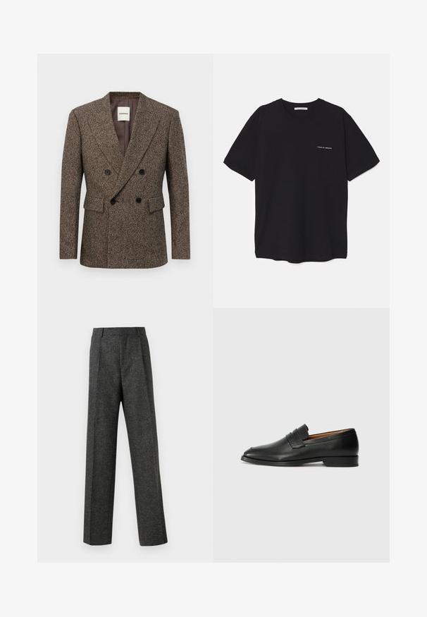 Kétsoros barna tweed blézer fekete gombokkal és hajtókás zsebekkel, testhezálló szabással és klipsz gallérral.; Fekete pamut T-shirt kerek nyakkivágással, rövid ujjakkal, és fehér logónyomattal a bal mellrészen. Egyszerű, egyszínű dizájn.; Szürke, texturált anyagból készült, szabott nadrág, két elülső pliszével és egyenes lábbal. Nincsenek látható zsebek vagy díszítések.; Fekete bőr mokaszin, kerek orral, diszkrét varrásokkal és alacsony sarokkal, sima felülettel és minimalista dizájnnal.