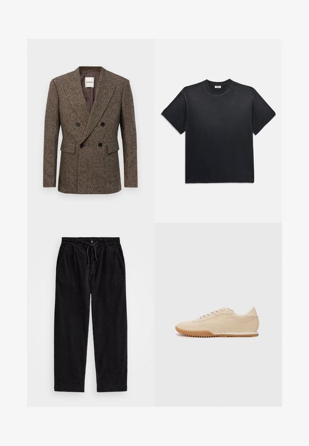 Dvojradový hnedý tvídový blazer s čiernymi gombíkmi a klopovými vreckami, prispôsobený strih, s vystrihom v tvare brány.; Čierne bavlnené tričko s okrúhlym výstrihom a krátkymi rukávmi. Má voľný strih, hladkú textúru a minimalistický dizajn.; Čierne manšestrové nohavice s uvoľneným strihom, s elastickým pásom a sťahovacou šnúrkou, a bočnými vreckami. Tkanina má rebrovanú štruktúru.; Béžové semišové tenisky s elegantným dizajnom, ktoré majú štruktúrovaný zvršok, zaoblenú špičku a gumovú podošvu so zigzagovým vzorom.