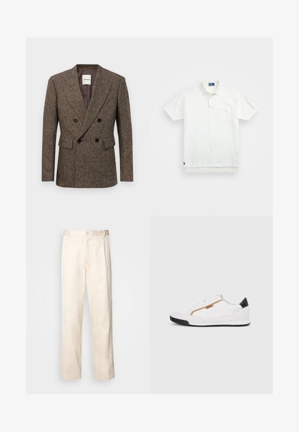 Kaksirivinen ruskea tweed-bleiseri mustilla nappeilla ja läpällisillä taskuilla, istuva malli ja lovipaidan kaulus.; Valkoinen puuvillapaita, jossa on klassinen kaulus, kolmen napin malli ja vasemmalla rintatasku; pieni logo helman kohdalla.; Vaaleanbeige puuvillahousut, joissa on suora lahje, varustettu nappisulkeisella ja etupuolella olevilla laskoksilla lisäyksinä.; Valkoiset urheilukengät, joissa on verkkokudosta ja nahkaosia. Varustettu kultaisella "BOSS"-logolla, tekstuurillisilla sivupaneeleilla ja mustalla kantapäällä. Kumikanta.