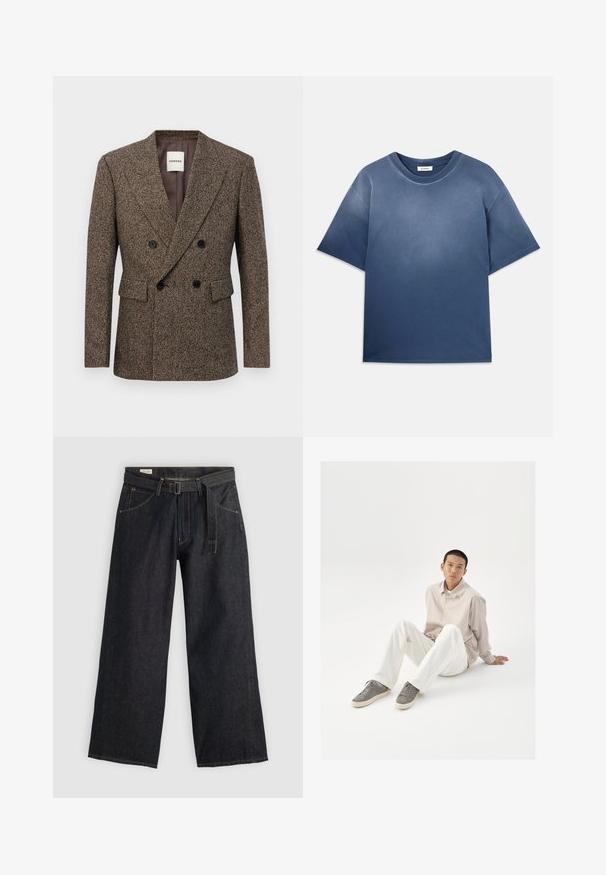 Doppelt gefütterte braune Tweed-Blazer mit schwarzen Knöpfen und Klappentaschen, taillierte Passform und Reverskragen.; Blaues Baumwoll-T-Shirt mit lockerer Passform, kurzen Ärmeln, Rundhalsausschnitt und weicher Textur. Verfügt über einen allmählichen Farbverlauf.; Dunkelblaue Denim-Hosen mit weitem Bein und einem taillierten Gürtel, ausgestattet mit Vordertaschen und kontrastierender Naht. Glatte Textur mit einem schlichten Design.; Beige Hemd mit Knöpfen, weiße Hose und graue Sneaker. Das Hemd hat eine lockere Passform und die Sneaker besitzen eine strukturierte Oberfläche und eine Schnürdesign.
