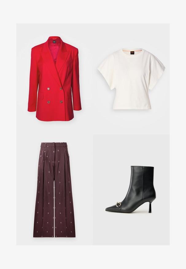Vörös, dupla soros blézer sima anyagból, kifordított hajtókával, két elülső zsebbel és ezüstszínű gombokkal.; Fehér, rövid, bő ujjú, crop szabású póló, puha pamut anyagból, kerek nyakkivágással, finom narancssárga díszítéssel, minimalista dizájn, minta vagy grafika nélkül.; Bordó bőszárú nadrág függőleges fehér csíkokkal és finom hímzett részletekkel. Ráncokkal és sima derékpánttal rendelkezik.; Fekete bőr bokacsizma hegyes orral, vékony közép magasságú sarokkal és ezüst csattal az oldalon, sima háttér előtt.