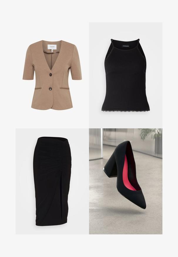 Pruun lühikeste varrukate ja V-kaelusega bleiser, millel on ühekordne nupp, kaks eesmist taskut, tekstuuriga kangas ja sobiv lõige.; Must mustriba top musta servadega äärega. Omab peeneid rihmu ja istuvat disaini. Valmistatud venivast kangast.; Mustast, rikutud pliiatsiseelik sidumisdetailiga ja küljes lahtise lõhenemisega. Valmistatud venivast kangast, millel on sile tekstuur ja keha lähedane lõige.; Must kontsaga king, millel on terav nina ja tekstuuriga pealmine osa. Sisemine pool on erkroosa voodriga. Kont on ruudukujuline ja selle alusel on metallikdetail.