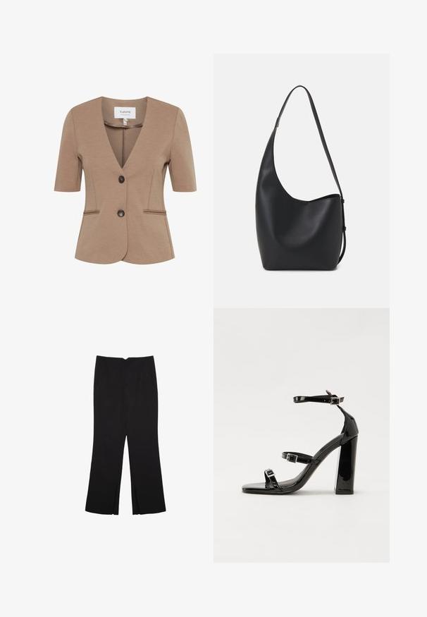 Ruskea lyhythihainen bleiseri, jossa on V-puku, yksittäinen nappisulku, kaksi etutaskua, teksturoitu kangas ja hyvin istuva malli.; Valkoinen hihaton paita, jossa on pyöreä kaula-aukko. Valmistettu sileästä kankaasta, siinä on rento istuvuus ja minimalistinen muotoilu. Ei kuvioita tai koristeita.; Mustat housut suoralinjaisella leikkauksella, joissa on etutaskut ja sivurei'ät helman alla. Valmistettu pehmeästä ja sileästä kankaasta. Sopii eri tilaisuuksiin.; Musta kiiltäväpintainen korkokengät, joissa on kaksi solkikiinnitystä, neliönmuotoinen kärki ja paksu korko, sileällä, kiiltävällä pintarakenteella.; Musta nahkainen hobo-laukku, jossa on sileä pinta, kaareva muoto ja yksi säädettävä olkahihna; sisäänkäynti on leveä ylhäältä.