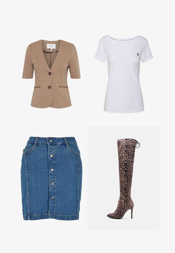Barna, rövid ujjú blézer V nyakkivágással, egy gombos záródással, két elülső zsebbel, texturált anyagból és testre szabott fazonnal.; Fehér pamut póló rövid ujjakkal, V-nyakú kialakítással, bal mellen egy kis sötétkék logóval és egyenes aljjal.; Farmernadrág szoknya elől gombos záródással, testhezálló szabással, világoskék színben és finom varrási részletekkel.; Puha anyagból készült, leopárdmintás, combig érő csizma, hegyes orral és tűsarokkal. Húzózsinór részlet a felső részen.