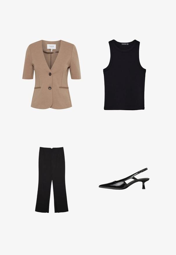 Ruskea lyhythihainen bleiseri, jossa on V-puku, yksittäinen nappisulku, kaksi etutaskua, teksturoitu kangas ja hyvin istuva malli.; Musta hihaton paita, joka on valmistettu puuvillasta, ja jossa on pyöreä kaula-aukko sekä leveät kainaloaukot. Silkkinen pinta ja ommellut reunat. Klassinen, minimalistinen muotoilu.; Mustat housut suoralinjaisella leikkauksella, joissa on etutaskut ja sivurei'ät helman alla. Valmistettu pehmeästä ja sileästä kankaasta. Sopii eri tilaisuuksiin.; Mustat lakatut nahkakengät, joissa on viistopää, leikattu sivusuunnassa ja pieni neliökoroke. Sujuva pinta, jossa on minimaalinen koristelu.