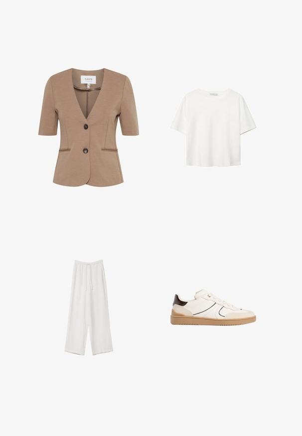 Rjav kratki blazer z kratkimi rokavi, z V-izrezom, z enim gumbom, dvema sprednjima žepoma, teksturirano tkanino in krojem po meri.; Bela kratka majica s kratkimi rokavi iz bombaža. Ima okroglo izrezovanje in sproščen kroj. Gladka tekstura brez vidnih vzorcev ali poudarkov.; Bele široke hlače iz lahkega materiala. Imajo elastičen pas s vrvico in stranske žepe. Gladka tekstura.; Stradivarius Športni copati - white