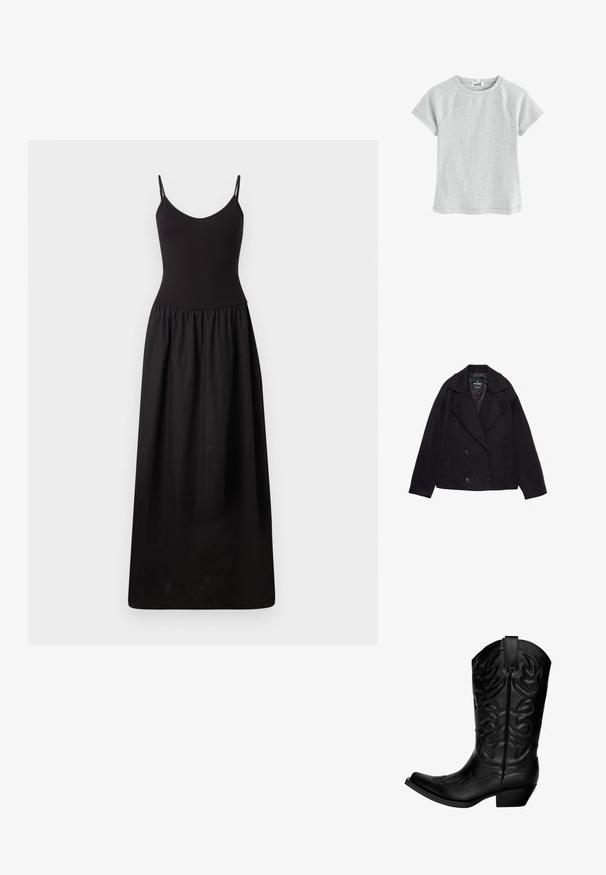 Zwarte dubbel-breasted jas met grote revers, lange mouwen en twee voorzakken. Gemaakt van een gebreide wolmix.; Zwart maxi-jurk met dunne verstelbare bandjes, fitted corsage, geplooide taille en gladde stof, die tot op de vloer reikt met een eenvoudige silhouet.; Lichtgrijze t-shirt met korte mouwen en een ronde halslijn, gemaakt van een gestructureerde stof, voorzien van raglanmouwen en een rechte zoom.; Zwarte cowboylaars van leer met een puntige neus en een gebogen schacht. Heeft decoratieve stiksel en een lage blokhak.; Zwart leren crossbody tas met een zachte, ronde vorm, verstelbare schouderriem en een subtiele glans. Voorzien van een bovenste ritssluiting en een geknoopte accent.