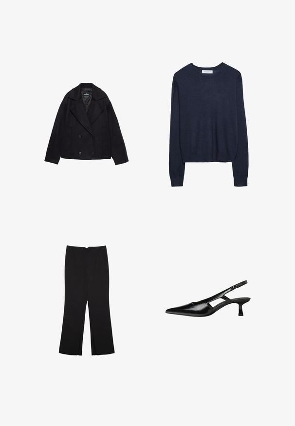 Svart dubbelknäppt kappa med stora slag, långa ärmar och två framfickor. Tillverkad av strukturerad ullblandning.; Mörkblå stickad tröja med rund halsringning och långa ärmar, som har en något croppad fåll och ribbade muddar för extra textur.; Svarta byxor med rak passform, utrustade med framfickor och sidoklyvningar vid fållen. Tillverkade av mjukt, slätt tyg. Lämpliga för olika tillfällen.; Svart lackläder slingback-klackar med spetsig tå, utskuren sidor och en liten fyrkantig klack. Slät textur med minimala accenter.