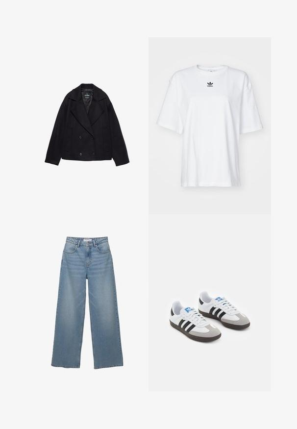 Svart dubbelknäppt kappa med stora slag, långa ärmar och två framfickor. Tillverkad av strukturerad ullblandning.; Vit kortärmad T-shirt i bomull. Har rund halsringning och en liten svart Adidas-logotyp på bröstet. Rakt skuren fåll.; Ljusblå vida jeans i denim. Utrustade med hög midja, fem fickor och rak passform med minimal blekning.; Sportskor med överdel i vit läder, grå mocka på tårna och tre svarta ränder. Har en blå logotyp på tungan och en texturerad gummisula.