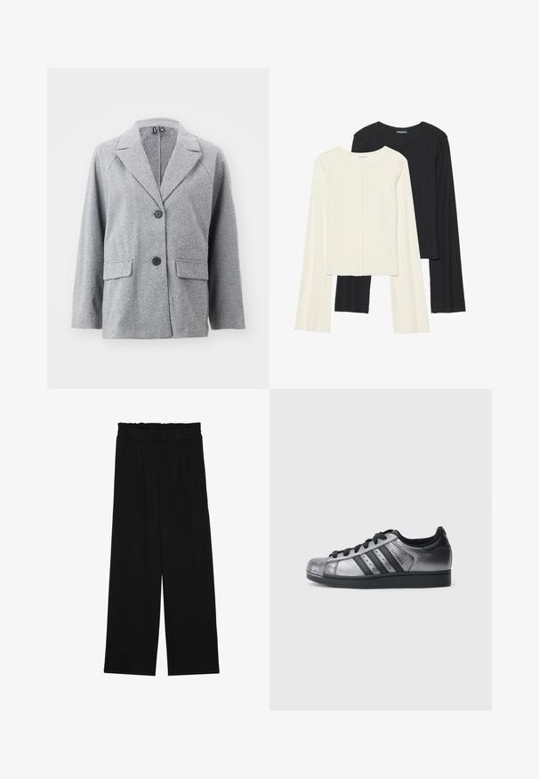 Szary żakiet wykonany z tkaniny w jodełkę, z wykładanym kołnierzem, dwiema przednimi kieszeniami i dwoma czarnymi guzikami.; Zestaw dwóch bluzek z długim rękawem w kolorze białym i czarnym. Prążkowana struktura, okrągły dekolt, dopasowany fason z lekko rozszerzanymi rękawami.; Czarne spodnie typu wide-leg z falbaną w pasie, z dwoma bocznymi kieszeniami i gładkim, lekkim materiałem. Brak widocznych wzorów lub elementów metalowych.; Czarne i metaliczno-srebrne buty sportowe z zaokrąglonym noskiem, trzema czarnymi paskami i teksturowaną cholewką. Czarne sznurówki i gumowa podeszwa.