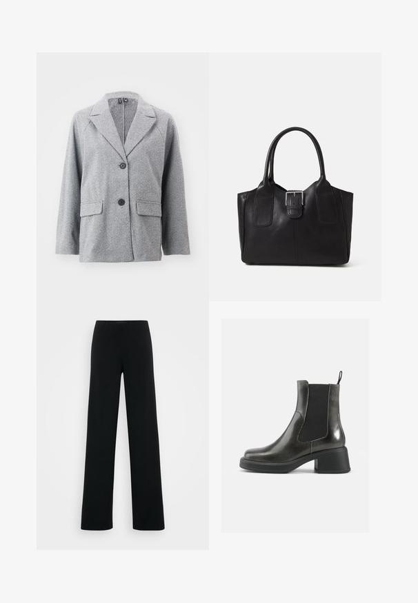 Grå blazer laget av herringbone-mønstret stoff, med hakket krage, to frontlommer og to svarte knapper.; Langermet hvit topp med ribbet tekstur. Har en delikat volangkant ved halsen og nederst på ermene. Enkel, figurnær design.; Vero Moda Tall VMBERLIN ZAMIRA WIDE - Bukse - black; Sorte ankelstøvler i svart lær med glatt overflate, elastiske sidepaneler og en kraftig hæl. Har en løftestrop for enklere påkledning.; Svart skinn toteveske med jevn tekstur, strukturert form, to håndtak og en fremtredende sølvspenne foran.