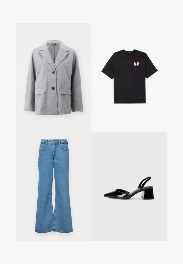 Pilkas švarkas, pagamintas iš žvejybos modelio audinio, turintis išpjovą ant apykaklės, dvi priekines kišenes ir du juodus mygtukus.; Juodas medvilnės marškinėliai trumpomis rankovėmis, su maža rožine drugelio grafika kairėje krūtinės pusėje. Apvalus kaklo iškirpimas, laisvas kirpimas.; Šviesiai mėlynos flared džinsai, pagaminti iš džinsinio audinio, su aukštu liemeniu, penkiomis kišenėmis ir vienu mygtuko užsegimu. Minkštas paviršius su išblukusiu efektu.; Juodos lakuotos odinės šlepetės su smailiu pirštu ir geometriniu bloko kulnu. Turi elegantišką, minimalistinį dizainą ir lygų paviršių.