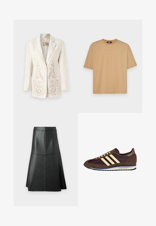 Lněný blejzr v slonovinové barvě s jemně vyřezávanými květinovými detaily na přední části, s jedním knoflíkem, klopovými límci a kapsou.; Béžové bavlněné tričko s kulatým výstřihem, krátkými rukávy a volným střihem. Hladký povrch s švy podél spodního lemu a rukávů.; Černá kožená A-linie sukně, hladká textura, do délky midi, s horizontálním švem v pase a švech pro přidanou strukturu.; Hnědé a burgundské tenisky z semiše a síťoviny, s třemi krémovými pruhy, texturovaným materiálem na jazyku a gumovou podrážkou.