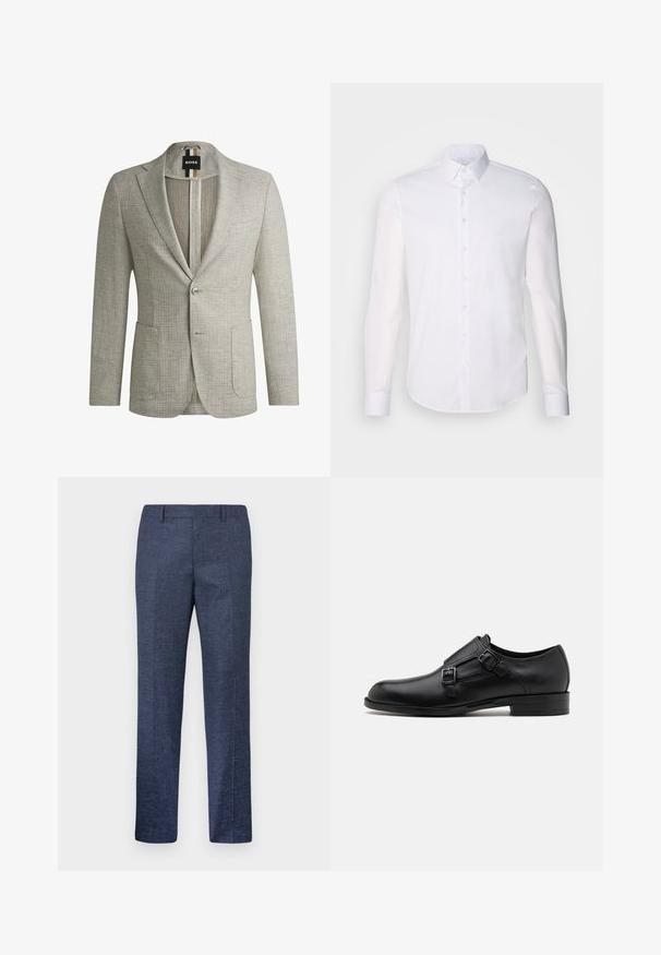 Light gray blazer made of textured fabric. Features two front pockets, single button closure, and a label with black and brown stripes.; White long-sleeve button-up shirt made from cotton, featuring a classic collar, front buttons, and minimal stitching detail.; Navy blue trousers made from a textured fabric, featuring straight legs, a flat front, and two side pockets. No visible patterns or accents.; Black leather dress shoe with dual buckles, sleek silhouette, and round toe. Features a low heel and smooth texture.