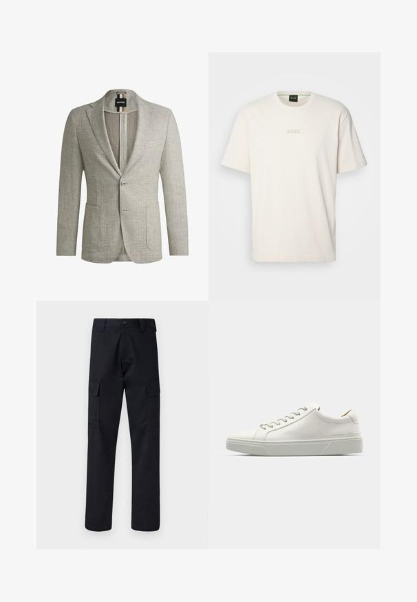 Blazer gris clair en tissu texturé. Il comporte deux poches avant, une fermeture à bouton unique et une étiquette avec des rayures noires et brunes.; BOSS TEE - T-shirt basique - open white; Pantalons cargo noirs en tissu résistant, avec une coupe droite, deux poches latérales et une fermeture à bouton à la taille.; Baskets en cuir blanc avec un bout arrondi, design minimaliste, lacets gris et semelle en caoutchouc gris texturé. Détails de couture subtils visibles.