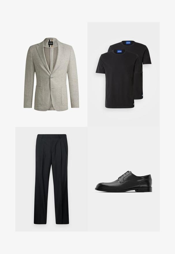 Heledhall hallhy blazer, mis on tehtud tekstureeritud kangast. Omab kahte eesmist taskut, ühte nööpi sulgemiseks ning sildiga, millel on mustad ja pruunid triibud.; Kaks musta puuvillast T-särki ümmarguste kaelustega, lühikeste varrukatega, millel on sinised "HUGO" sildid kraedel ja külgservadel.; Mustad pleekpüksid, mis on valmistatud siledast kangast. Omavad sirget lõiget, vöörihma koos aasadega ning puuduvad taskud. Lihtne disain.; Must-valge nahast kleitking, millel on ümar varvas, sile tekstuur, minimaalsed õmblused ja lame tallaga, millel on vaevu märkatav bränding kontsapool.
