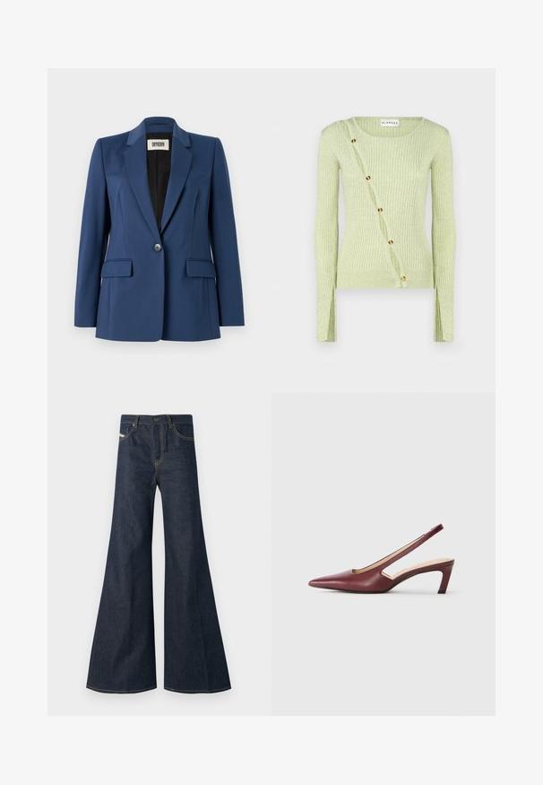 Marineblazer aus glattem Stoff, mit Reverskragen, einreihiger Knopfleiste, zwei Fronttaschen und schwarer Innenauskleidung.; Hellgrüner geripptes Sweatshirt mit Rundhalsausschnitt, langen Ärmeln und diagonaler Knopfverschluss mit goldfarbenen Knöpfen. Weiche Textur.; Dunkelblaue ausgestellte Jeans aus Denim, mit hohem Bund, goldenen Nähakzenten und zwei Fronttaschen mit Knopfverschluss.; Burgunderfarbene Slingback-High Heels mit spitzer Zehenform, Ausschnitten an den Seiten und einem Blockabsatz in mittlerer Höhe. Glatte Lederoberfläche.