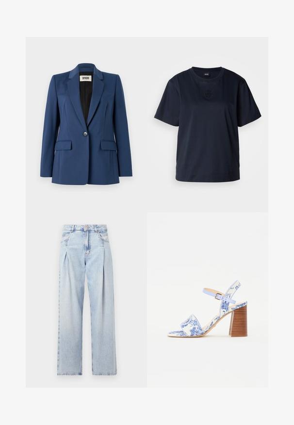 Blazer blu navy realizzato in tessuto liscio, con rever a punta, chiusura con un solo bottone, due tasche frontali e fodera interna nera.; T-shirt a maniche corte blu navy realizzato in morbido cotone. Presenta un colletto rotondo e un logo ricamato discreto sul petto.; Jeans in denim azzurro chiaro con vita alta, taglio a gamba larga, due tasche laterali e design plissettato. Texture morbida con una finitura sbiadita.; Sandal con stampa floreale blu, con punta quadrata, una larga fascia e una cinghia alla caviglia regolabile, dotata di un tacco a blocco in legno texturizzato.
