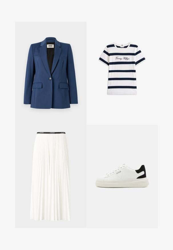 Marineblazer aus glattem Stoff, mit Reverskragen, einreihiger Knopfleiste, zwei Fronttaschen und schwarer Innenauskleidung.; Baumwoll-T-Shirt mit horizontalen navy-blauen Streifen auf weißem Hintergrund. "Tommy Hilfiger" in Kursivschrift auf der Brust gestickt. Runder Halsausschnitt.; Faltenrock aus Weiß mit einem schwarzen elastischen Bund, der das "LACOSTE"-Logo trägt. Mittellanges Design mit weicher Textur.; Weiße Leder-Sneaker mit einer dicken weißen Sohle, schwarzem Wildlederakzent an der Ferse und geprägtem Logo an der Seite. Schnürdesign mit sechs Ösen.
