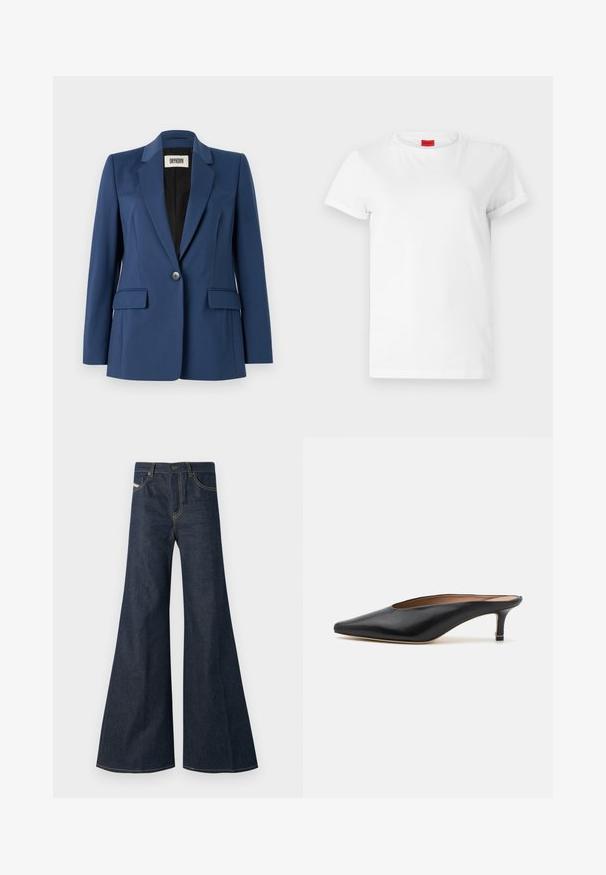Blazer marine fabriqué en tissu lisse, présentant un revers cranté, une fermeture à un bouton, deux poches avant et une doublure intérieure noire.; T-shirt blanc à manches courtes en coton léger. Présente un col rond et des manches retroussées. Étiquette logo rouge sur le col.; Jean flare bleu foncé en denim, avec taille haute, accents de surpiqûre dorée, et deux poches avant avec fermeture à bouton.; Mules en cuir noir avec un bout pointu et un petit talon carré. Texture lisse avec un design épuré. Dos ouvert avec un minimum de détails.