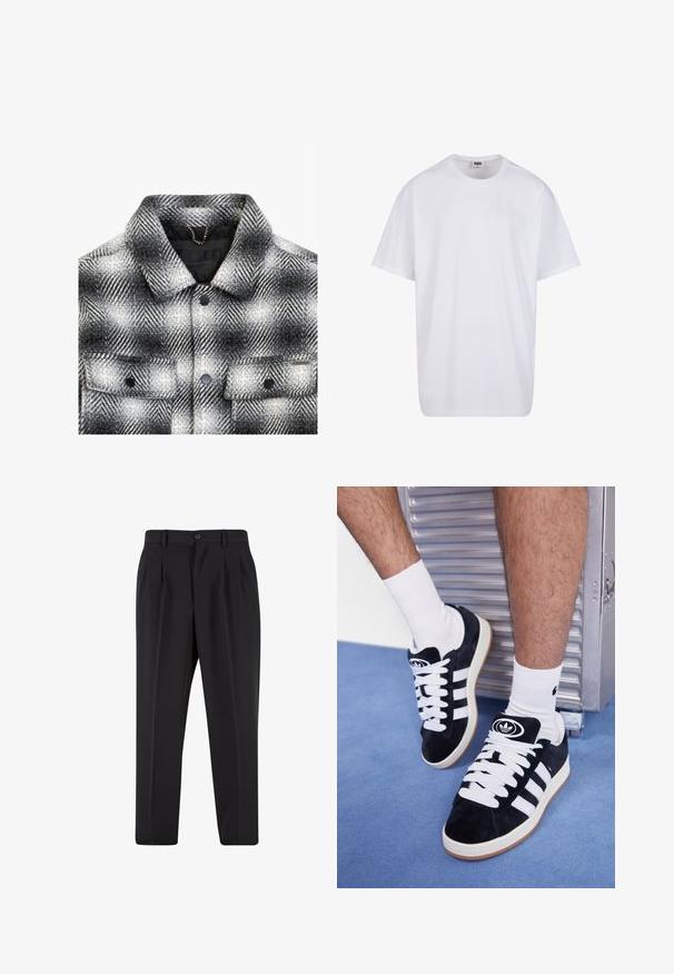 Giacca a quadri grigia e bianca con colletto, due tasche frontali, bottoni a pressione neri e un materiale in lana testurizzata.; Maglietta bianca in cotone con maniche corte, scollatura rotonda, vestibilità comoda e senza loghi o motivi visibili. Texture liscia e design minimale.; Pantaloni neri con design a pieghe sul davanti, realizzati in tessuto morbido. Presentano una chiusura con bottone e passanti per cintura; vestibilità a gamba dritta.; Sneakers in suede nero con lacci bianchi e tre strisce bianche. Presentano un logo circolare nero sulla linguetta e una suola in gomma color gomma.