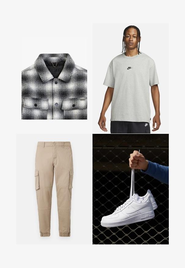 Giacca a quadri grigia e bianca con colletto, due tasche frontali, bottoni a pressione neri e un materiale in lana testurizzata.; Giovane con capelli intrecciati che indossa una maglietta Nike grigia chiara e pantaloni Nike neri su uno sfondo bianco semplice.; Pantaloni cargo beige in un leggero cotone. Presentano polsini elasticizzati, molteplici tasche laterali e una chiusura con bottone.; Sneakers in pelle bianca con perforazioni, punta rotonda, suola piatta e lacci spessi, con logo swoosh visibile e "AIR" sul tallone.