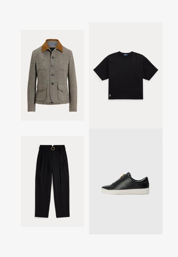 Hnědý žakárový kabát s manžetou z manšestru, vybavený zapínáním na knoflíky, dvěma předními kapsami a klasickým střihem.; Černé bavlněné tričko s krátkým rukávem, kulatým výstřihem a malým bílým logem v dolním levém rohu. Klasický, boxy střih s minimálním detailem.; Černé kalhoty s vysokým pasem, páskem v pase, sklady vpředu a širokými nohavicemi. Vyrobené z hladké látky s klasickým střihem.; Černé kožené nazouvací boty s vyvýšeným švem, detail stříbrného kování na svršku a bílá gumová podrážka s raženým logem.
