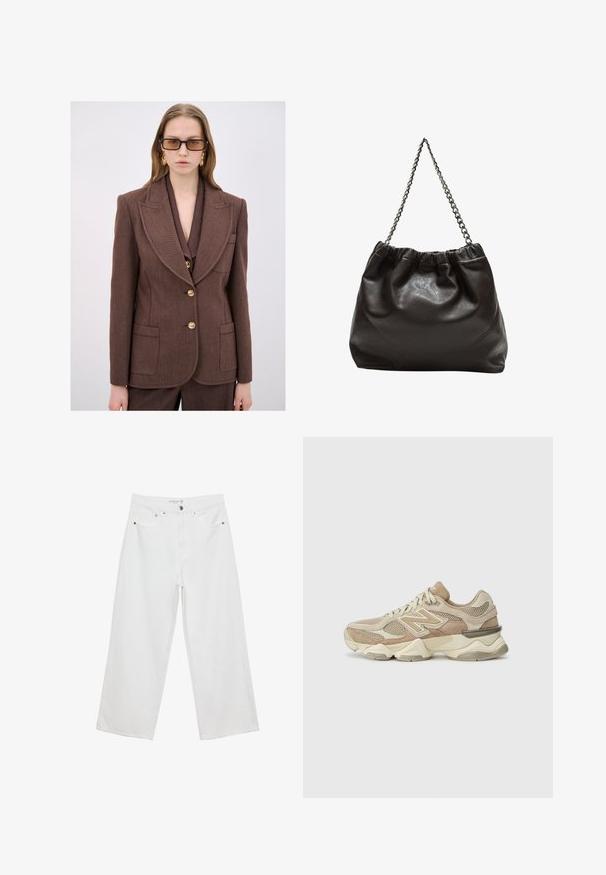 Ruskea räätälöity bleiseri, joka on valmistettu teksturoidusta kankaasta. Siinä on hammastuskaulus, kultaketjut ja kaksi etutaskua.; Valkoinen hihaton toppi, jossa on neliskanttinen pääntie, sileä rakenne ja vartalonmyötäinen muoto. Valmistettu kevyestä kankaasta.; Valkoiset leveälahkeiset farkut, joissa on korkea vyötärö. Tämä malli sisältää viisi taskua ja metallisia yksityiskohtia. Kankaan pinta on sileä, ilman näkyviä kuvioita.; Valkoiset urheilukengät, joissa on verkkokangasta ja mokkaa, pyöreä kärki, paksu pohja ja huomattavat heijastavat yksityiskohdat sivuilla.; Ruskea nahkainen laukku, jossa on kerätty yläosa ja ketjuhihna. Tasainen pinta, jossa kiiltävä viimeistely ja hienovaraiset sauman yksityiskohdat sivuilla.