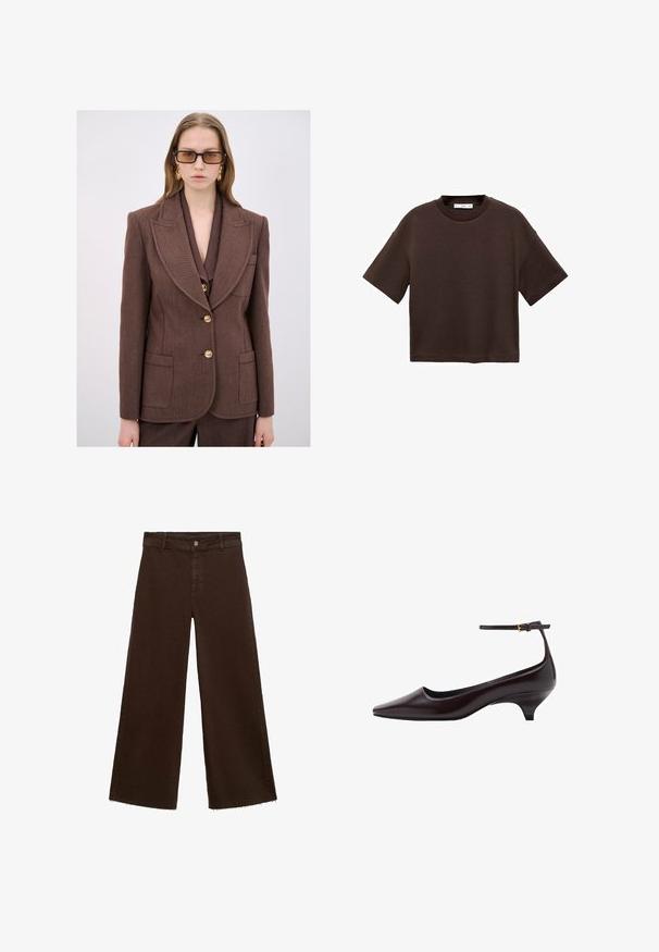 Bruine op maat gemaakte blazer van textuurstof, met een uitsnijdende kraag, gouden knopen en twee voorzakken.; Bruine T-shirt met korte mouwen, gemaakt van zachte katoen. Heeft een ronde halslijn en een recht model, met een gladde textuur en geen zichtbare patronen.; Bruine wijde broek in katoenmix, met een rafelige zoom, sluiting met een knoop aan de voorkant en een klassieke vijf-pocketstijl. Minimalistisch en veelzijdig.; Donkerbruine leren kittenheel schoenen met een spitse neus, een dunne enkelband en een kleine gouden gesp.