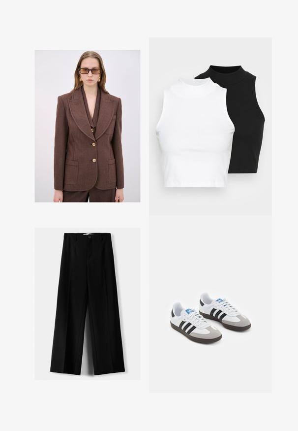 Blazer marrone su misura realizzato in tessuto testurizzato, con colletto a punte, bottoni dorati e due tasche frontali.; Due top in maglia senza maniche, a collo alto, in nero e bianco, con un design aderente e una superficie liscia, di lunghezza cropped.; Pantaloni neri a gamba larga realizzati in tessuto leggero, caratterizzati da una chiusura frontale con bottone e frontale piatto, con orli cuciti con precisione.; Scarpe sportive con tomaia in pelle bianca, punta in suede grigia e tre strisce nere. Presentano un logo blu sulla linguetta e una suola in gomma testurizzata.